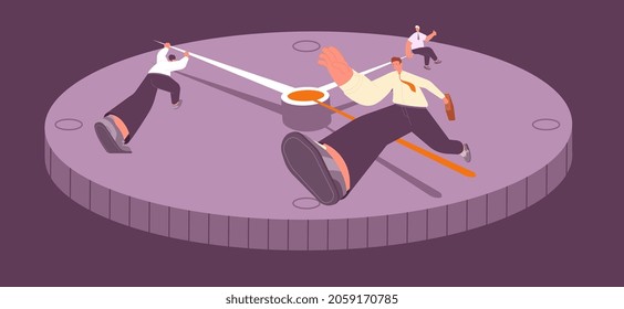 Time management concept. Business people on clock, man run, sitting and pushes arrow. Male character hurries, deadline and hard work, utter vector concept