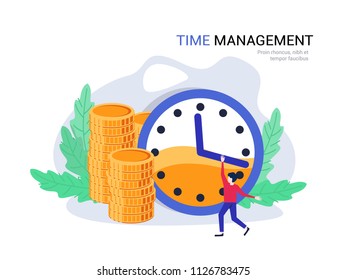 Concepto de gestión del tiempo. Plan de negocio, gestor de tiempo planea finanzas, gastos. Control de tiempo. Concepto de la página web