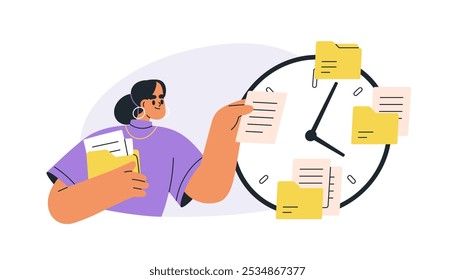 Time management concept. Business woman scheduling tasks. Work planning, workload organization and balancing priorities. Multitasking employee. Flat vector illustration isolated on white background