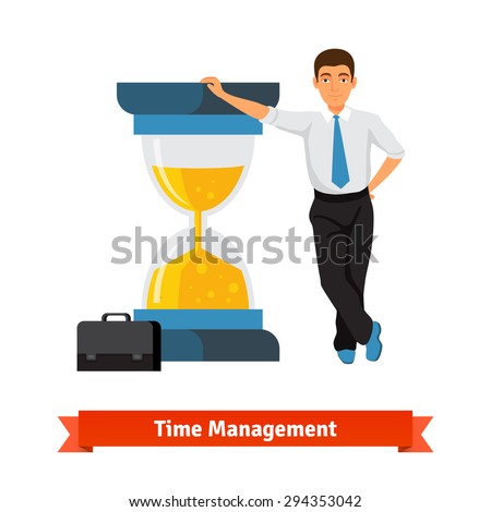 Time management concept. Businessman with briefcase in a tie leans on big half full sand hourglass. Flat style isolated vector illustration.