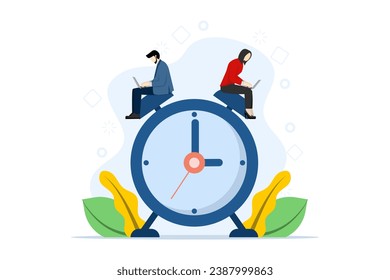 Time management concept. a businessman and businesswoman using a laptop sitting at work for hours. working time. Time organization efficiency. Project team work schedule. Good business processes.