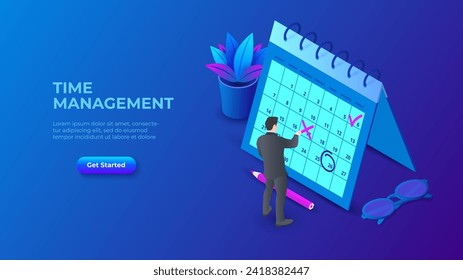 Time management concept with businessman and calendar. Isometric vector illustration on a dark blue background