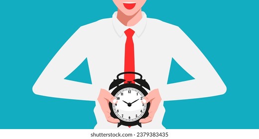 Time management concept, Businessman holding time clock on isolated background, Vector illustration.