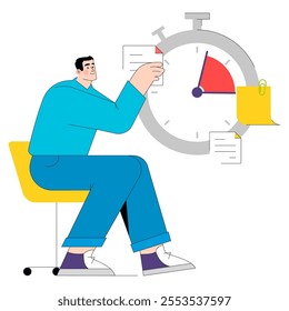 Time management concept. A businessman organizes tasks around a large stopwatch. Efficient workflow optimization in a corporate setting. Vector illustration.