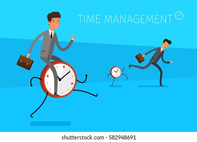 Time management concept. Businessman riding on the clock and Businessman running away from watches. Flat design, vector illustration.