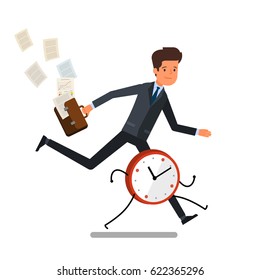 Time management concept. Businessman running away from watches. Flat design, vector illustration.