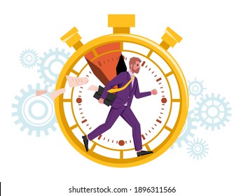 Time management concept, businessman runs like squirrel in wheel, man running over stopwatch, special watch start and stop buttons. Effective planning productive work, deadline and stressful task