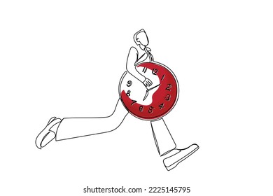Time management concept, businessman runs like squirrel in wheel, special watch start and stop buttons. Effective planning productive work, deadline and stressful task. Time is money line art vector