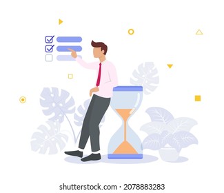 time management concept with businessman standing manage todo checklist with hour glass with modern flat style