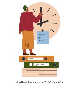 Time management concept. Businesswoman adjusting a large clock, symbolizing productivity and organization. Efficient scheduling in the workplace. Vector illustration.