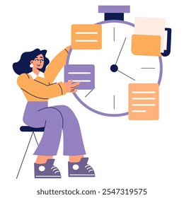 Time management concept. Businesswoman organizes schedule with a giant stopwatch. Multitasking, productivity, and workplace efficiency. Vector illustration.