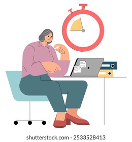 Conceito de gerenciamento de tempo. Empresária prioriza tarefas em sua mesa sob a pressão de um prazo iminente. Multitarefa, urgência, produtividade. Ilustração vetorial.