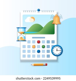 Time management concept. Calendar, bell and clocks icons. Web vector illustration in 3D style