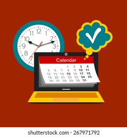 Time management concept. Calendar, watch and laptop. Color flat design illustration