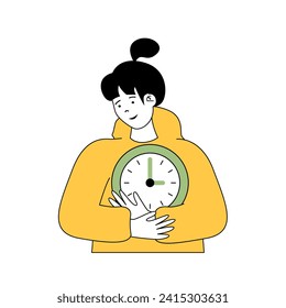 Time management concept with cartoon people in flat design for web. Woman with clock controlling her work processes and productivity. Vector illustration for social media banner, marketing material.