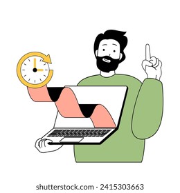 Time management concept with cartoon people in flat design for web. Man works in workflow at laptop with countdown clock to deadline. Vector illustration for social media banner, marketing material.