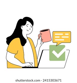 Time management concept with cartoon people in flat design for web. Woman working at project tasks on laptop and chatting with staff. Vector illustration for social media banner, marketing material.