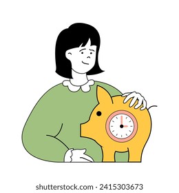 Time management concept with cartoon people in flat design for web. Woman successfully finishing work to deadline and earning money. Vector illustration for social media banner, marketing material.