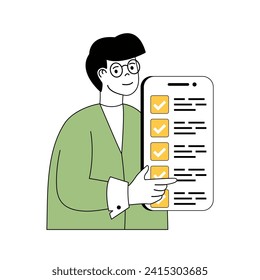 Time management concept with cartoon people in flat design for web. Man finishing project tasks and checking at workflow list in app. Vector illustration for social media banner, marketing material.