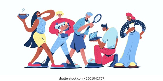 Time management concept in cartoon web design. People working in team with checklist, doing paperwork and tasks at laptop, taking coffee break. Flat vector illustration isolated on white background.