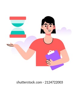 Concepto de gestión del tiempo. Carácter sosteniendo el reloj de arena. Ilustración vectorial en un estilo plano