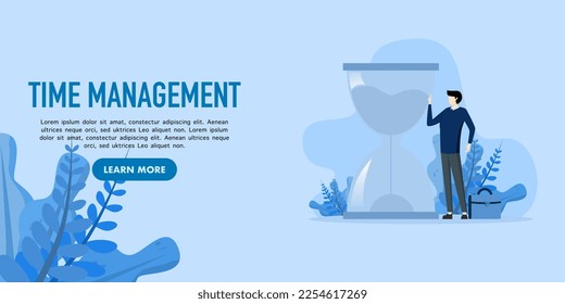 Time management concept. The character looks at the hourglass and tries to manage and organize work and life time. Flat cartoon vector illustration isolated.