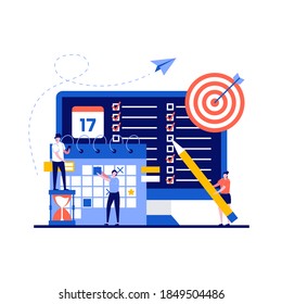 Time management concept with character. People planning daily tasks, scheduling monthly routine and organizing work and study. Modern flat style for landing page, mobile app, hero images.