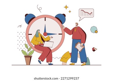 Time management concept with character situation in flat design. Man and woman manage work projects and organize workflow, do tasks before deadline. Vector illustration with people scene for web