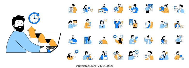 Time management concept with character situations mega set in flat web design. Bundle of scenes people scheduling tasks, making organization of job project, efficiency work time. Vector illustrations.