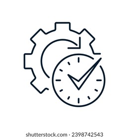 Concepto de gestión de tiempo con marca de verificación, aprobada, confirmada, completada, comprobada, flujo de trabajo. Icono lineal vectorial aislado en fondo blanco.