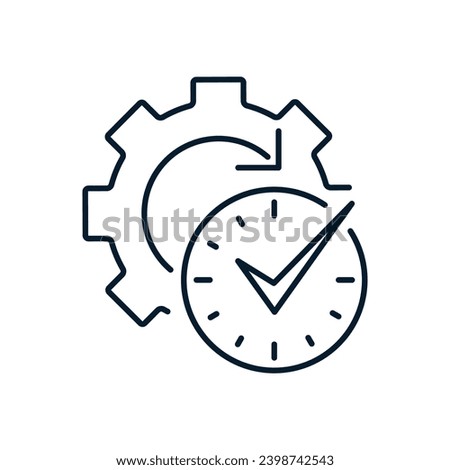 Time management concept with check mark, approved, confirmed, completed, checked, workflow. Vector linear icon isolated on white background.
