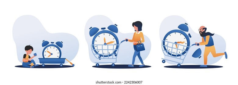 Time management concept. Child play toys next to clock. Woman try to buy time. Man in haste rush with clock in cart. Vector illustration isolated on white background