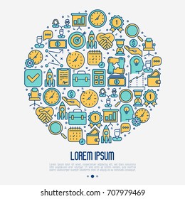 Time management concept in circle with thin line icons. Development of business process. Vector illustration for banner, web page, print media.
