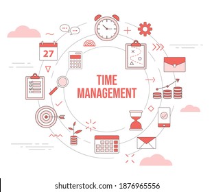 time management concept clock calendar smartphone plan sand glass growth investment with icon set template banner with modern orange color style and circle round shape