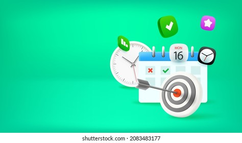 Time management concept with clock and calendar. Vector banner with copy space