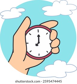 Time Management Concept Clock in Hand Vector Art. Perfect for themes related to time management, punctuality, and controlling schedule, Ideal for use in educational material, motivational poster