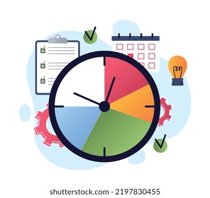 Time management concept. Clock with red, green and blue pieces, metaphor for efficient workflow, planning and goal setting. Leadership and motivation, deadline. Cartoon flat vector illustration