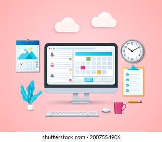 Time management concept. Computer with calendar and daily tasks on screen. Marked checklist, wall clock, calendar. Web vector illustrations in 3D style