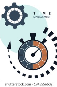 Time management concept. Creative icon for efficiency, productivity. Sign stopwatch, gears. Flat design. Vector illustration