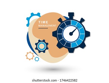 Concepto de gestión del tiempo. Icono creativo para la eficiencia, la productividad. Firma el cronómetro, engranajes. Diseño plano. Ilustración del vector