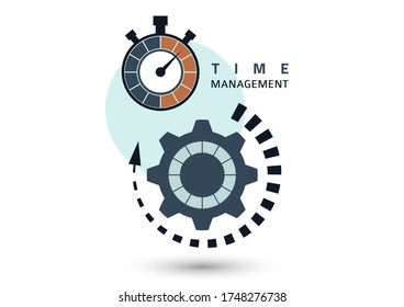 Time management concept. Creative icon for efficiency, productivity. Sign stopwatch, gears. Flat design. Vector illustration