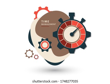 Time management concept. Creative icon for efficiency, productivity. Sign stopwatch, gears. Flat design. Vector illustration