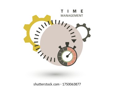 Time management concept. Creative icon for efficiency, productivity. Sign stopwatch, gears. Flat design. Vector illustration