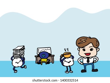 Time management concept. Cute businessman is happy when he can control clocks to help him for work. Vector illustration.