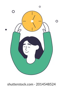 Time management concept. Cute cartoon woman holding clock in her hand. Character planning working hours, make the deadline. Cartoon doodle flat vector illustration isolated on white background
