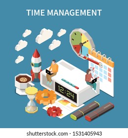 Time management concept with deadline at work symbols isometric vector illustration