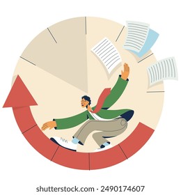 Time management concept and deadlines. Businessman flying on arrow, try to outrun time