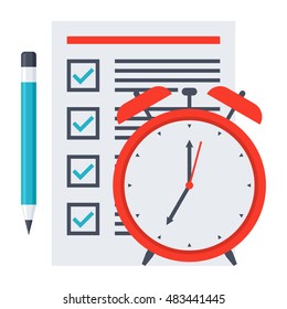 Time management concept with document, pencil and alarm clock.