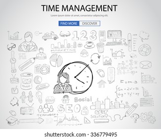 Concepto de gestión del tiempo con estilo de diseño Doodle: encontrar solución, lluvia de ideas, pensamiento creativo. Ilustración de estilo moderno para banners web, folletos y volantes.