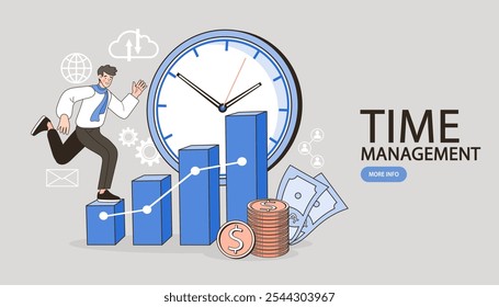 time management concept. Efficiency in business, work productivity. holding a gear standing near a big clock. time management concept. work productivity. Making the right decisions within the time .